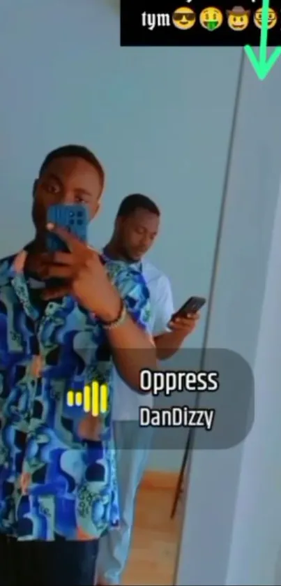 Stylish mirror selfie with vibrant blue outfits and DanDizzy track playing.