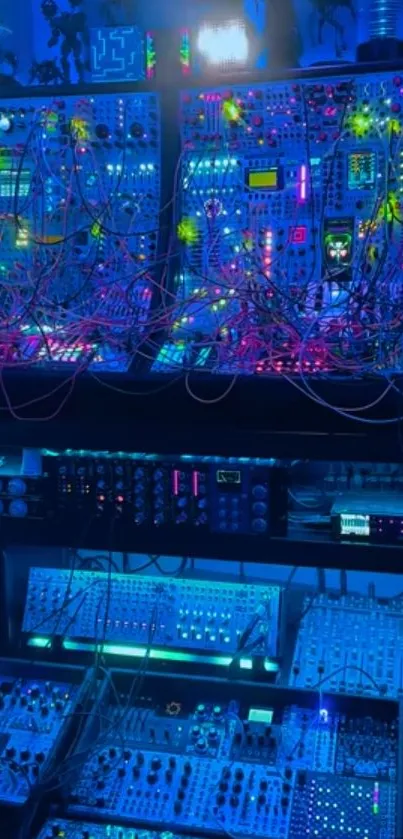 Illuminated modular synthesizer with electric blue hues and colorful cables.