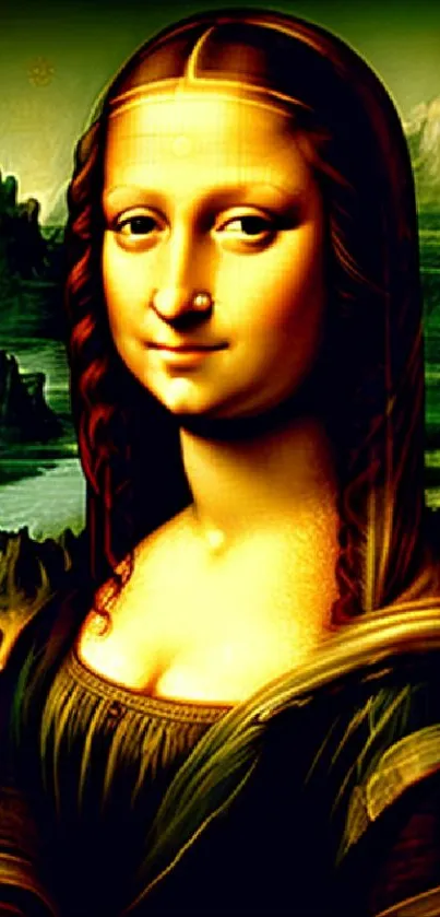 Vibrant Mona Lisa art wallpaper with orange and green hues.