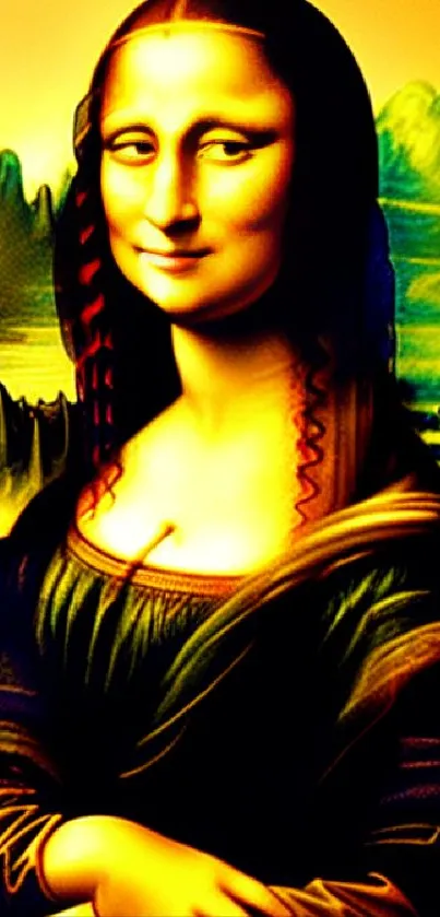 Vibrant Mona Lisa painting with bold colors on a phone wallpaper.