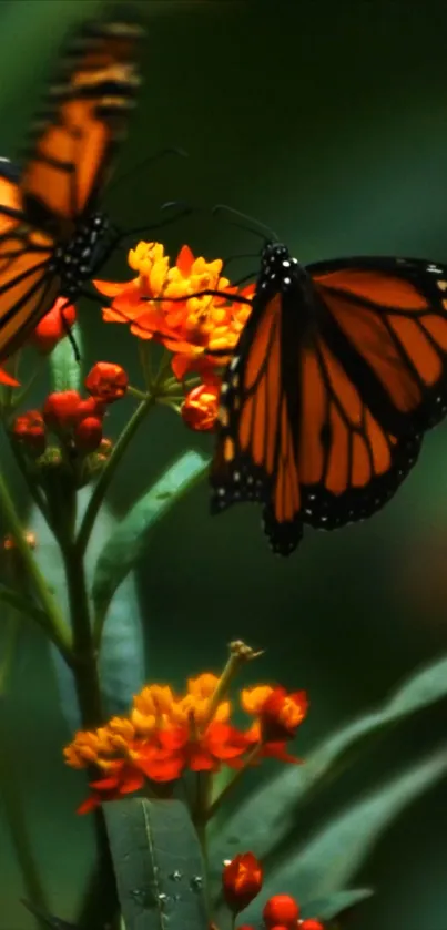 Monarch butterflies on orange flowers, vibrant and detailed.