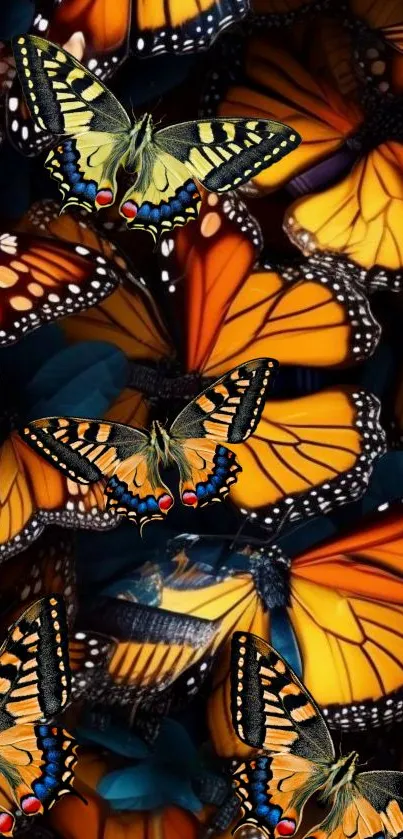 Vibrant monarch butterflies with orange wings covering background.