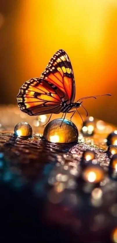 Butterfly on a dewy surface with glowing amber bokeh background.