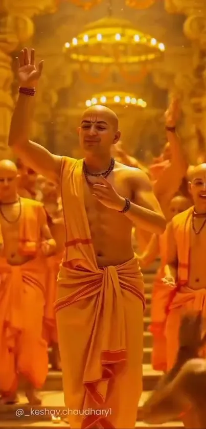 Monks celebrating in vibrant orange robes inside a temple.