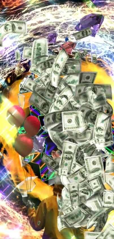 Abstract mobile wallpaper with money explosion and vibrant colors.