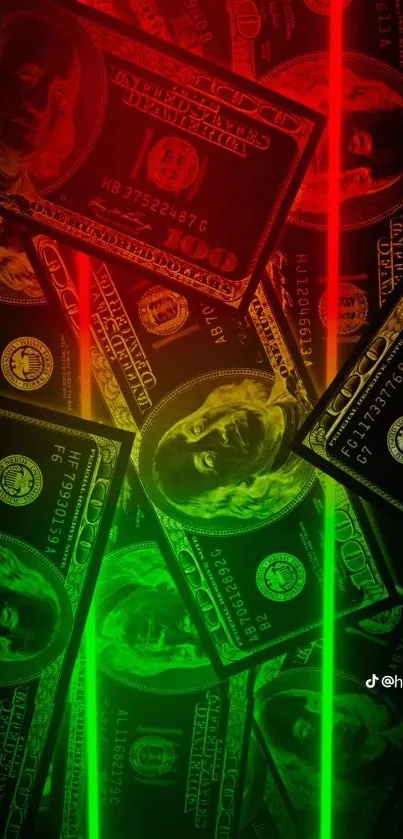 Colorful dollar bills with red and green lasers on black background.