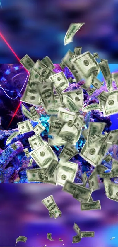 Colorful wallpaper with floating money cascade.