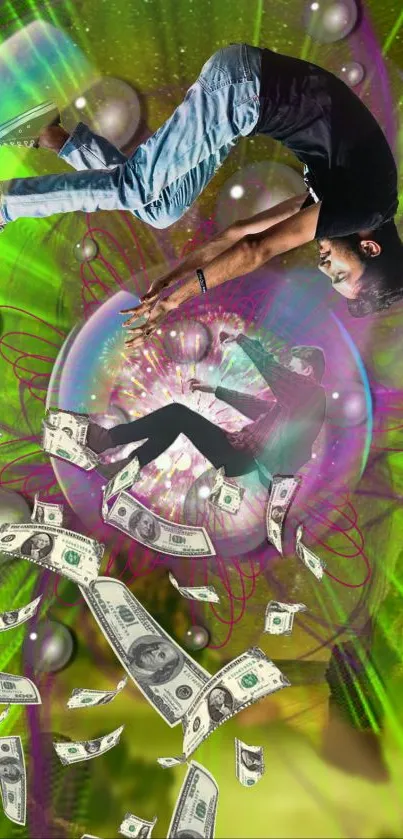 Vibrant wallpaper with neon green and money graphics.