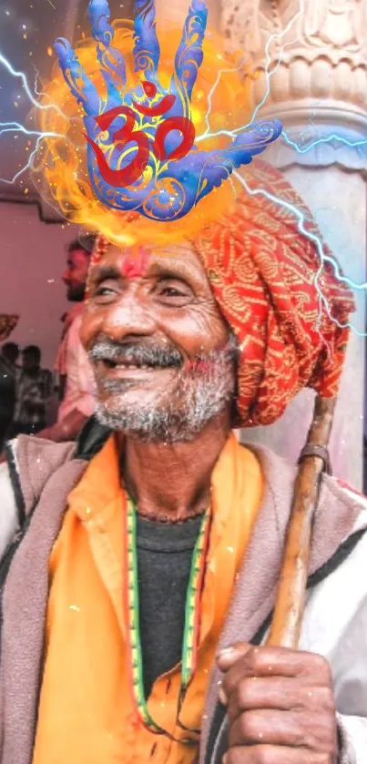 Smiling monk with vibrant aura and energy symbols on wallpaper.