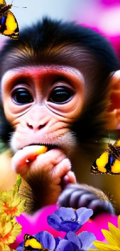 Monkey with butterflies and vibrant flowers on a colorful wallpaper.