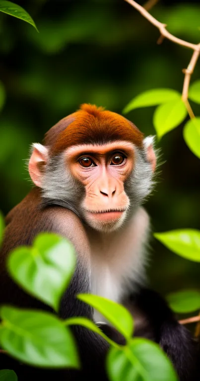 Monkey surrounded by vibrant green leaves in a lush jungle setting.