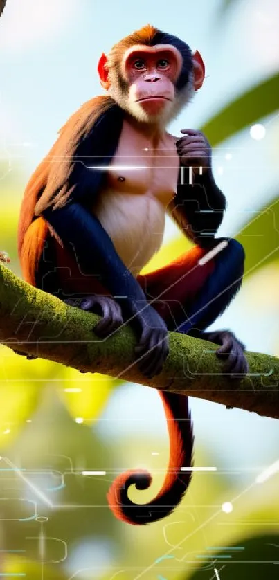 Vibrant monkey perched in jungle setting with lush green background.