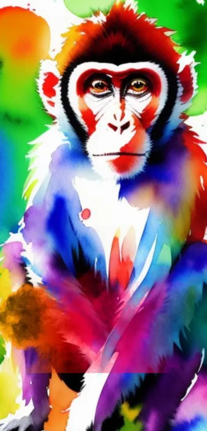 Vibrant watercolor monkey painting with bright, colorful hues and dynamic design.