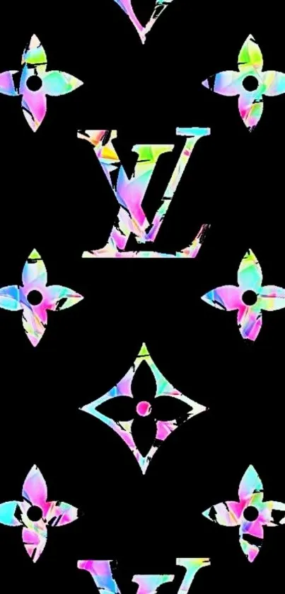 Vibrant monogram pattern on black background mobile wallpaper.