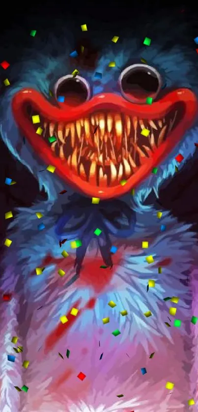 Vibrant blue monster with fiery red smile on mobile wallpaper.