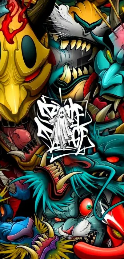 Colorful monster themed mobile wallpaper in graffiti style.