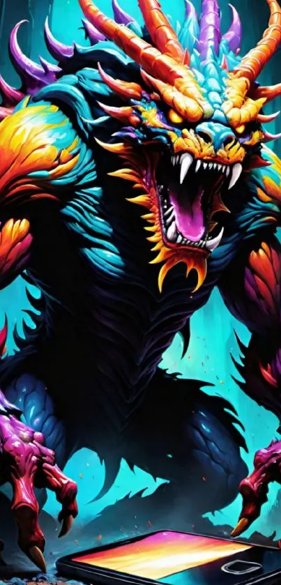 Fierce, colorful dragon looming over a smartphone.