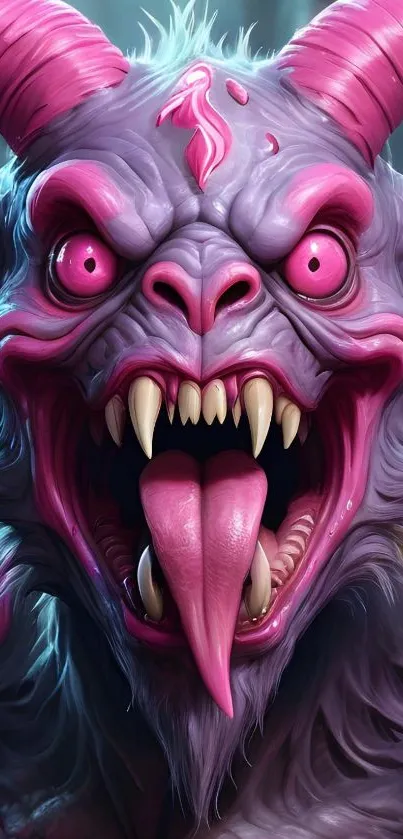 Vibrant pink monster with horns and sharp teeth.