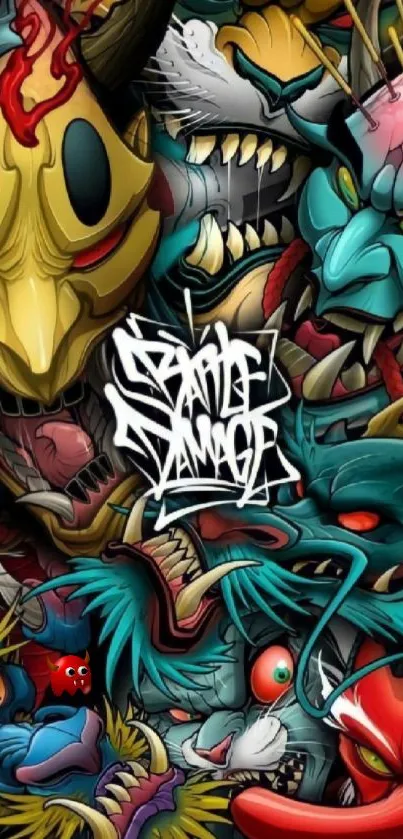 Vibrant graffiti monster art wallpaper for mobile phone.