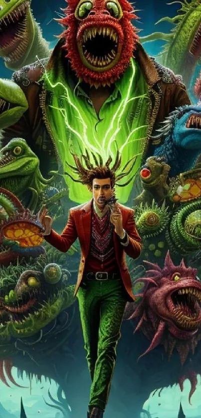 Fantasy wallpaper with man and colorful monsters.