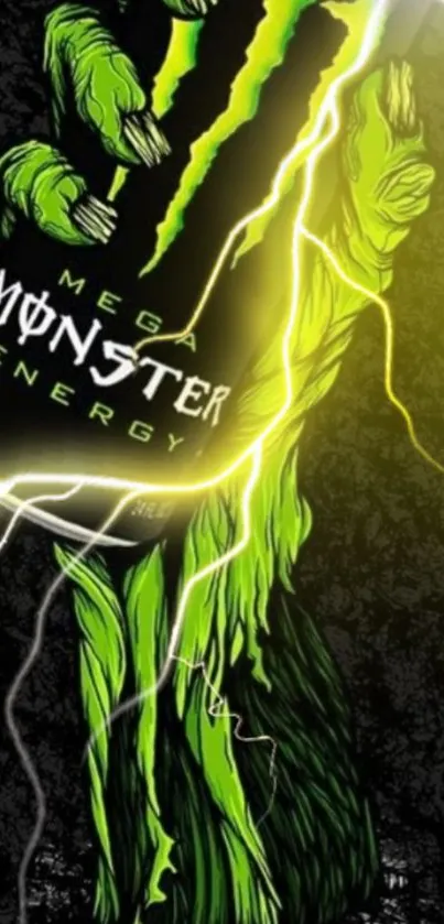 Vibrant Monster Energy wallpaper with lightning effects and green highlights.