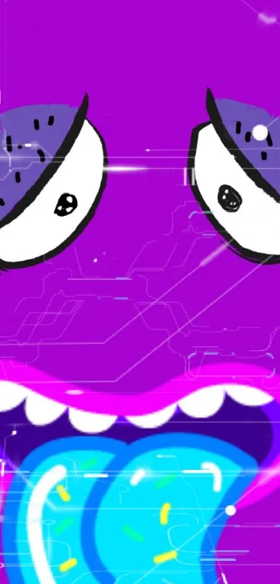 Bright purple monster face wallpaper with a blue tongue.