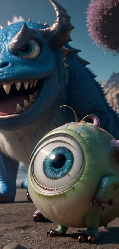 Animated blue and green monsters smiling playfully.