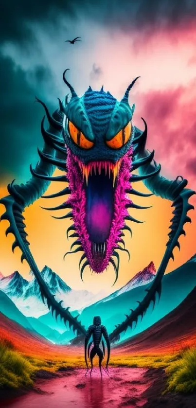 Vibrant monster in a colorful, surreal landscape with dramatic sky.