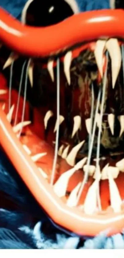 Close-up of a vibrant monster face with sharp teeth in vivid colors.