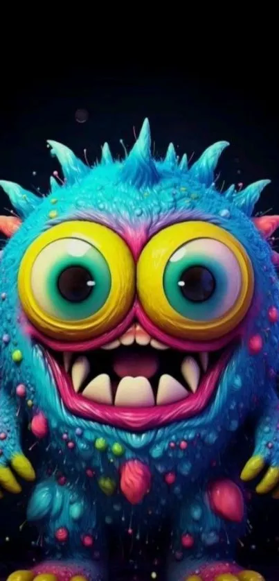 Blue fuzzy monster with big eyes on a colorful mobile wallpaper.