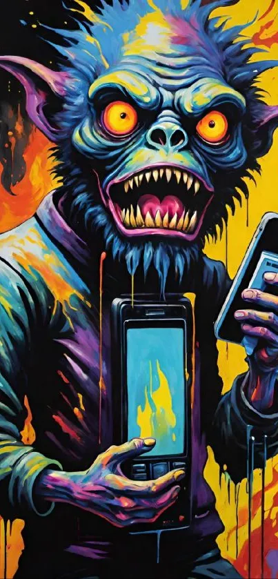 Vibrant monster holding phones with fiery colors.