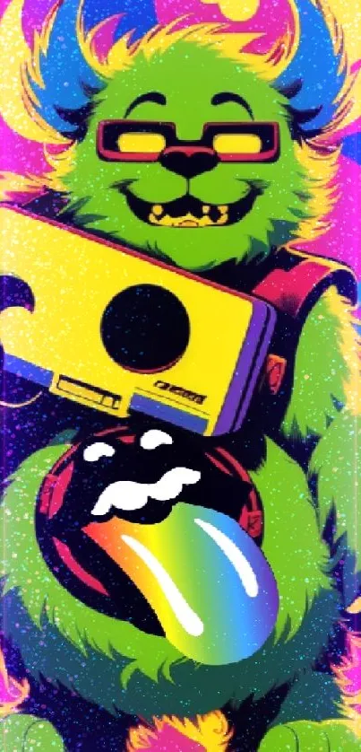 Vibrant cartoon monster holding a yellow gadget.