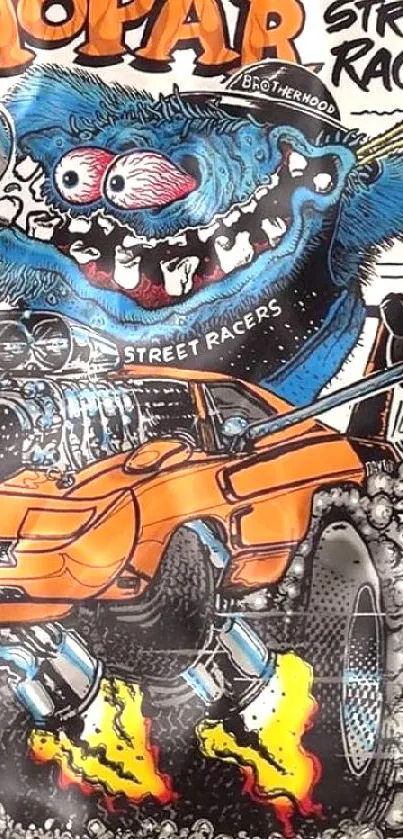 Orange street racer with monster in vibrant illustration.