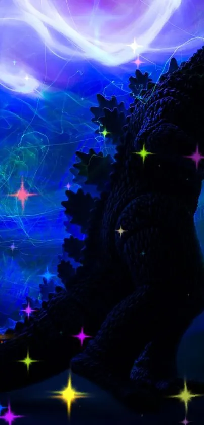 Silhouette of a monster with a vibrant blue and purple starry sky background.