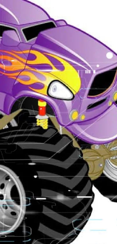 Artistic purple monster truck with flame graphics and big wheels.