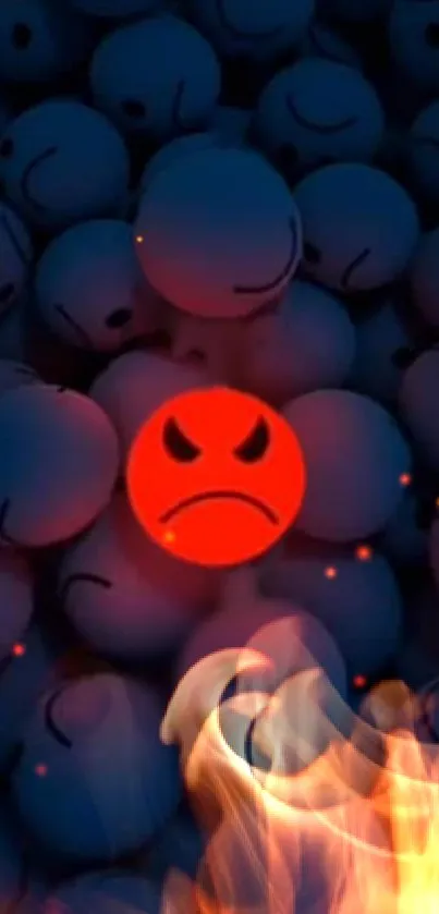 Red angry emoji with fire on blue background wallpaper.