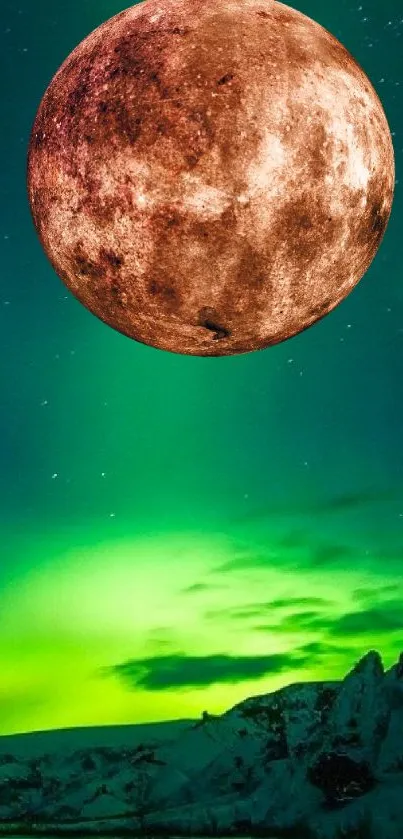 Fiery moon with vibrant green aurora and mountain silhouette.