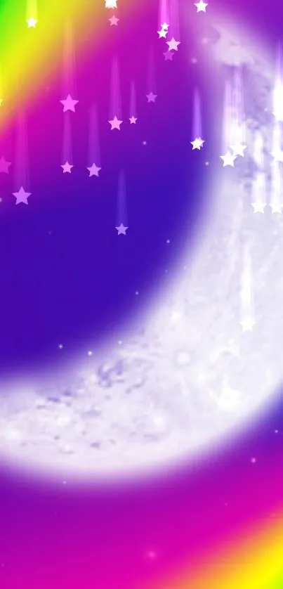 Vibrant crescent moon with rainbow glow on a purple sky background.