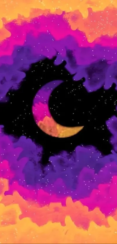 Vibrant moon and stars wallpaper with purple, pink, and orange hues.