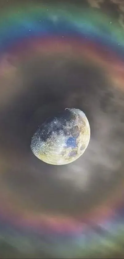 Lunar halo with vibrant colors on a dark background.