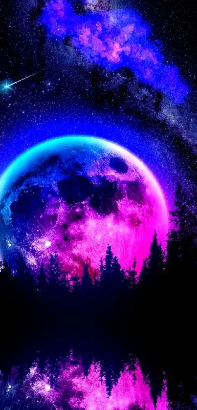 Colorful moon reflecting over silhouetted trees under a galaxy sky.