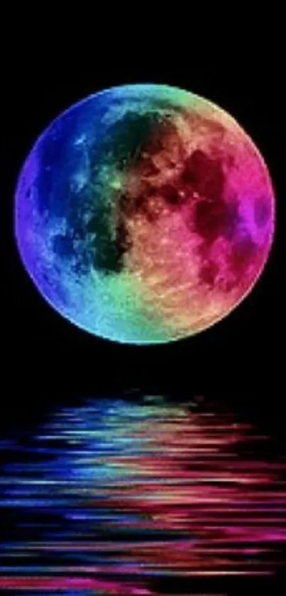 Colorful moon reflecting on night water surface in vibrant wallpaper.