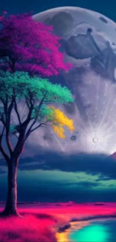 Colorful fantasy wallpaper with moon and tree reflecting on a river.