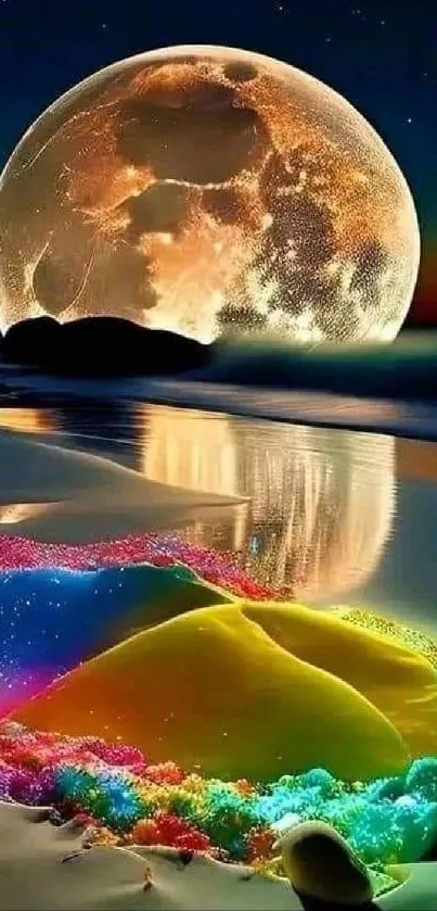 Vibrant and surreal moonlit beach wallpaper with colorful reflections.