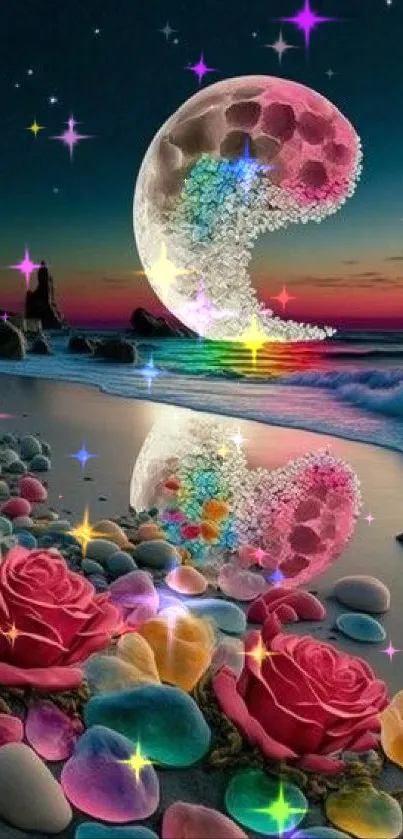 A vibrant moonlit beach with colorful stones, roses, and a crescent moon.