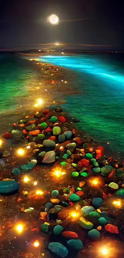 Moonlit beach path with glowing stones and vibrant colors, perfect for phone wallpaper.