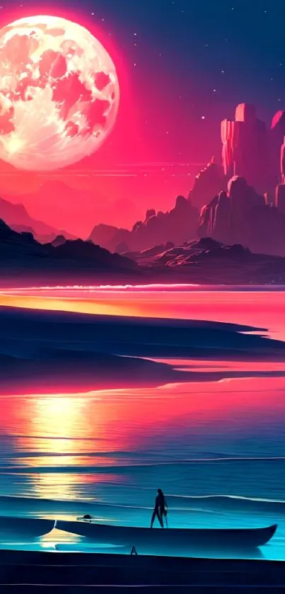 Pink moon over tranquil beach with vibrant colors.