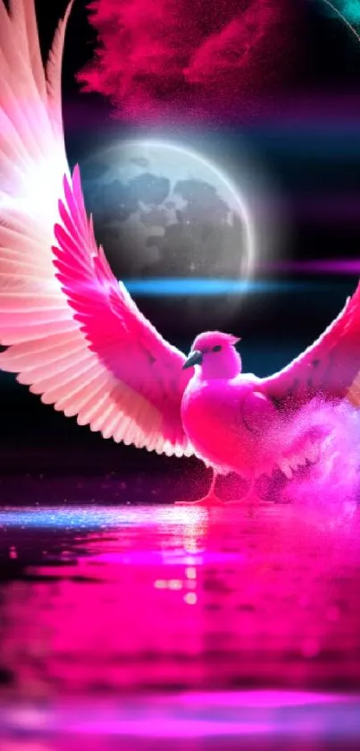 Pink bird with wings spread under a moonlit night.