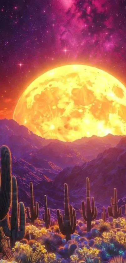A vibrant moonlit desert landscape with cacti and a colorful sky.