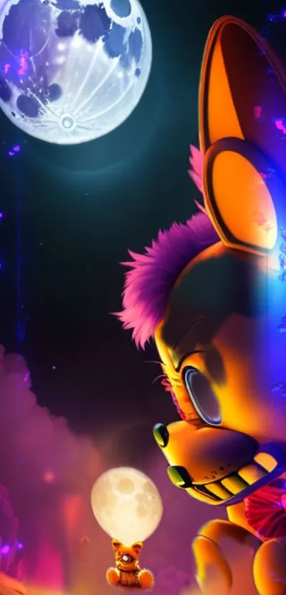 Whimsical cartoon character under a glowing moon with colorful, vibrant elements.